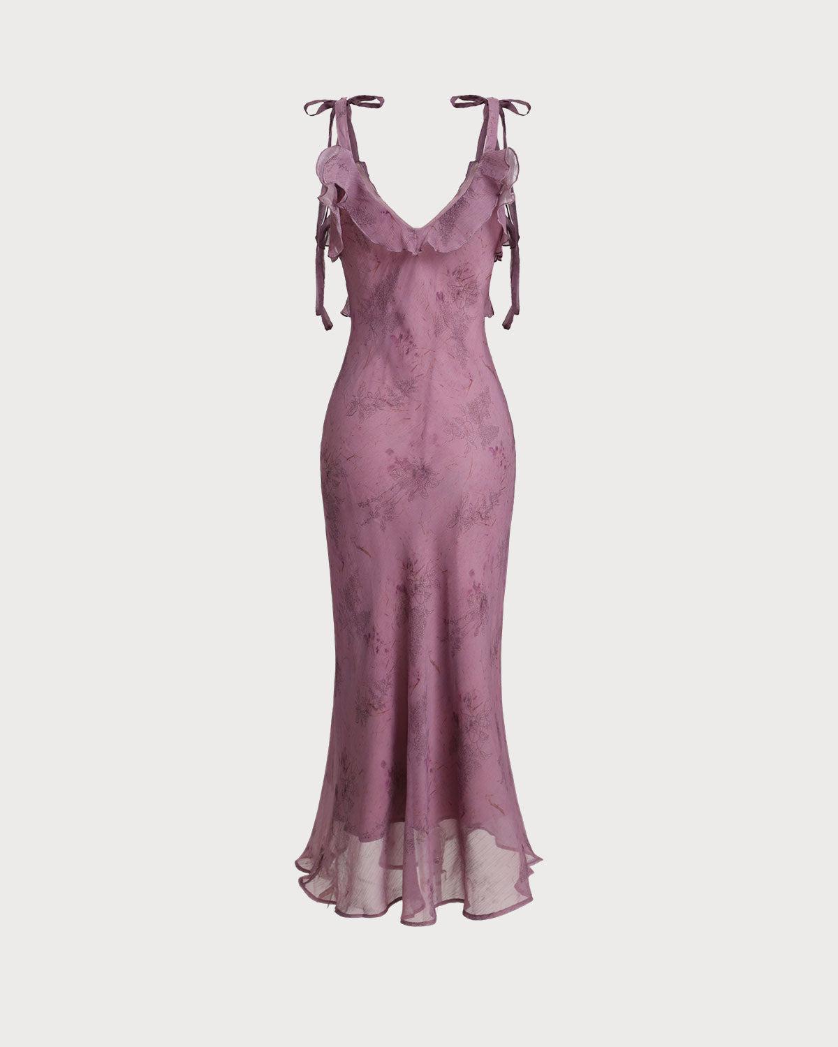 Purple Floral Ruffle Tie Strap Midi Dress Product Image
