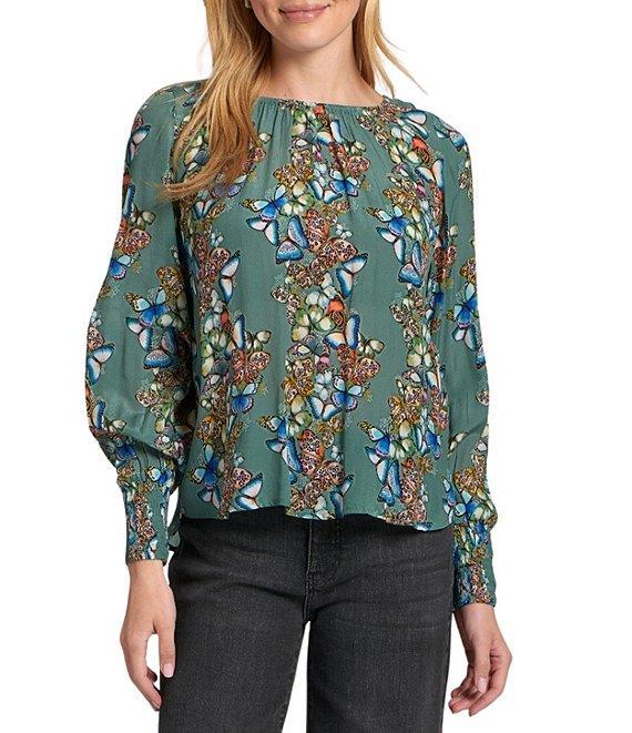 APNY Woven Printed Round Neck Long Sleeve Smocked Blouse Product Image