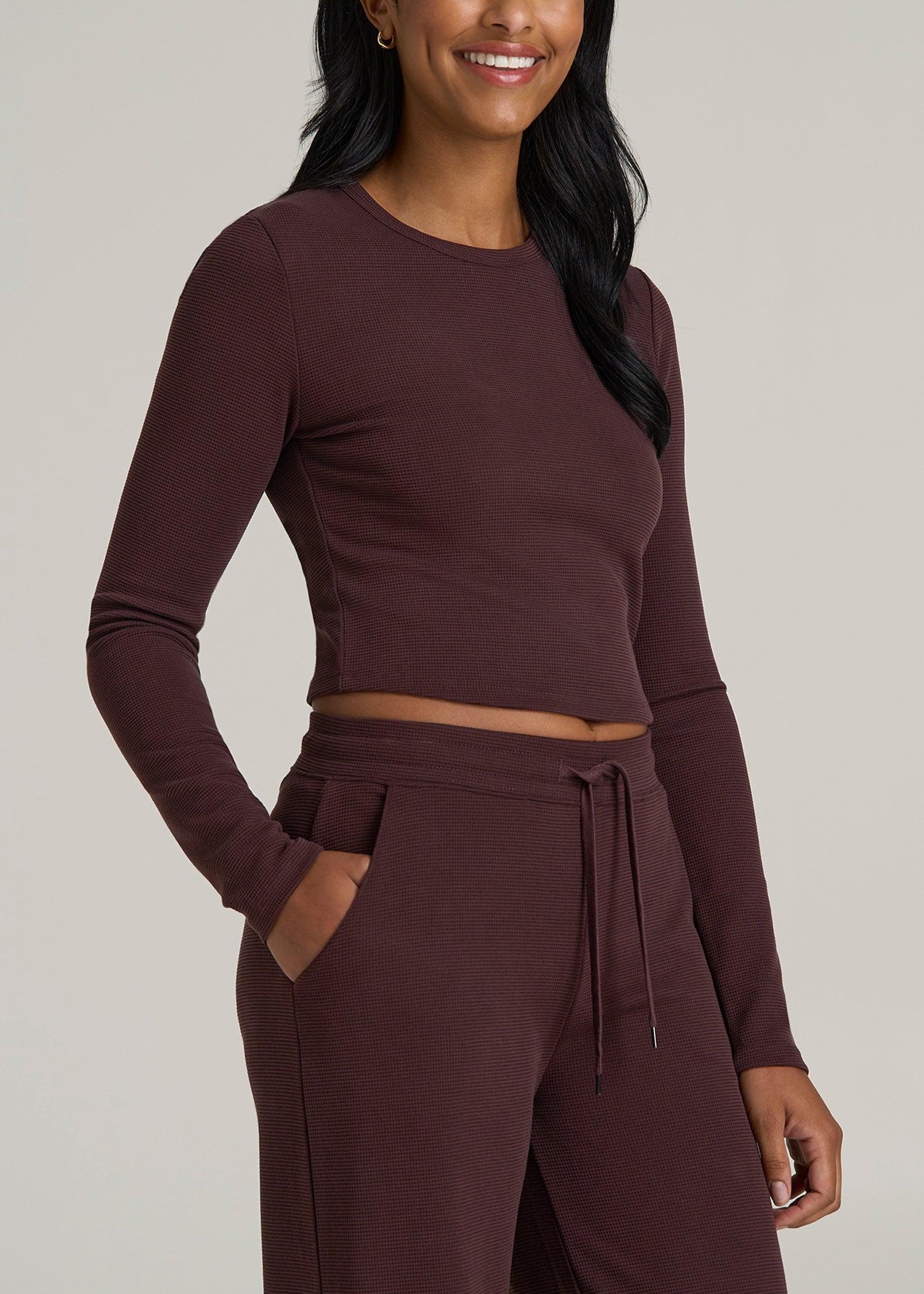 Cropped Long Sleeve Waffle Shirt for Tall Women in Oxblood Product Image