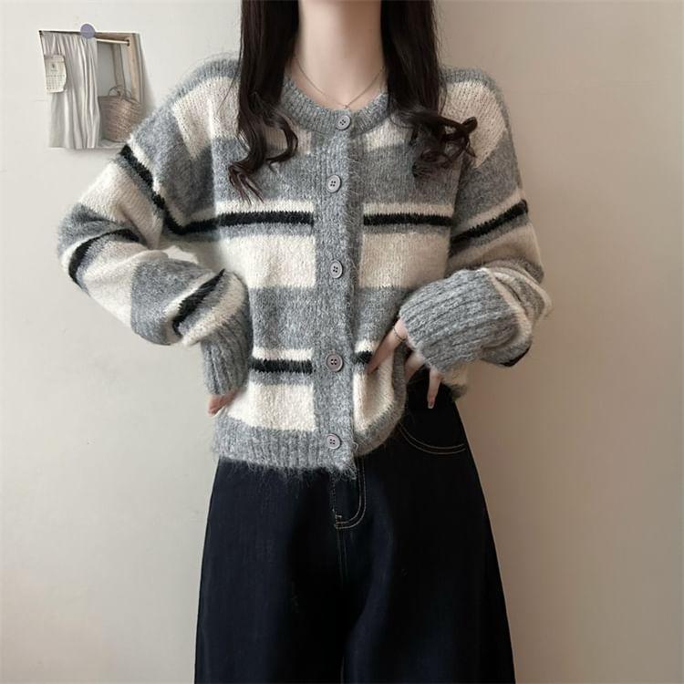 Round Neck Striped Cardigan Product Image