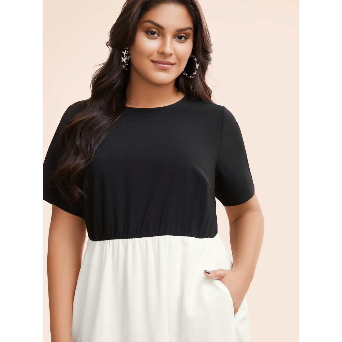 Plus Size Contrast Belted Pocket Layered Hem Dolman Sleeve Dress Black Women Elegant Belted Round Neck Cap Sleeve Curvy Midi Dress BloomChic 28/5X Product Image