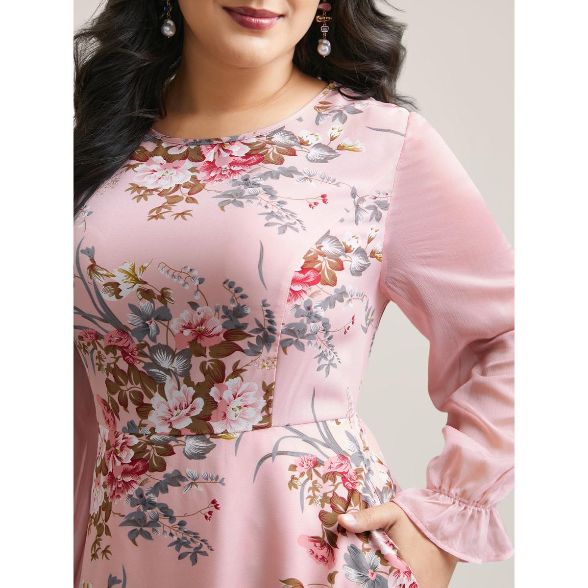 Plus Size Floral Print Spliced Waist Cinched Midi Dress MistyRose Women Elegant See through Round Neck Long Sleeve Curvy BloomChic 26/4X Product Image