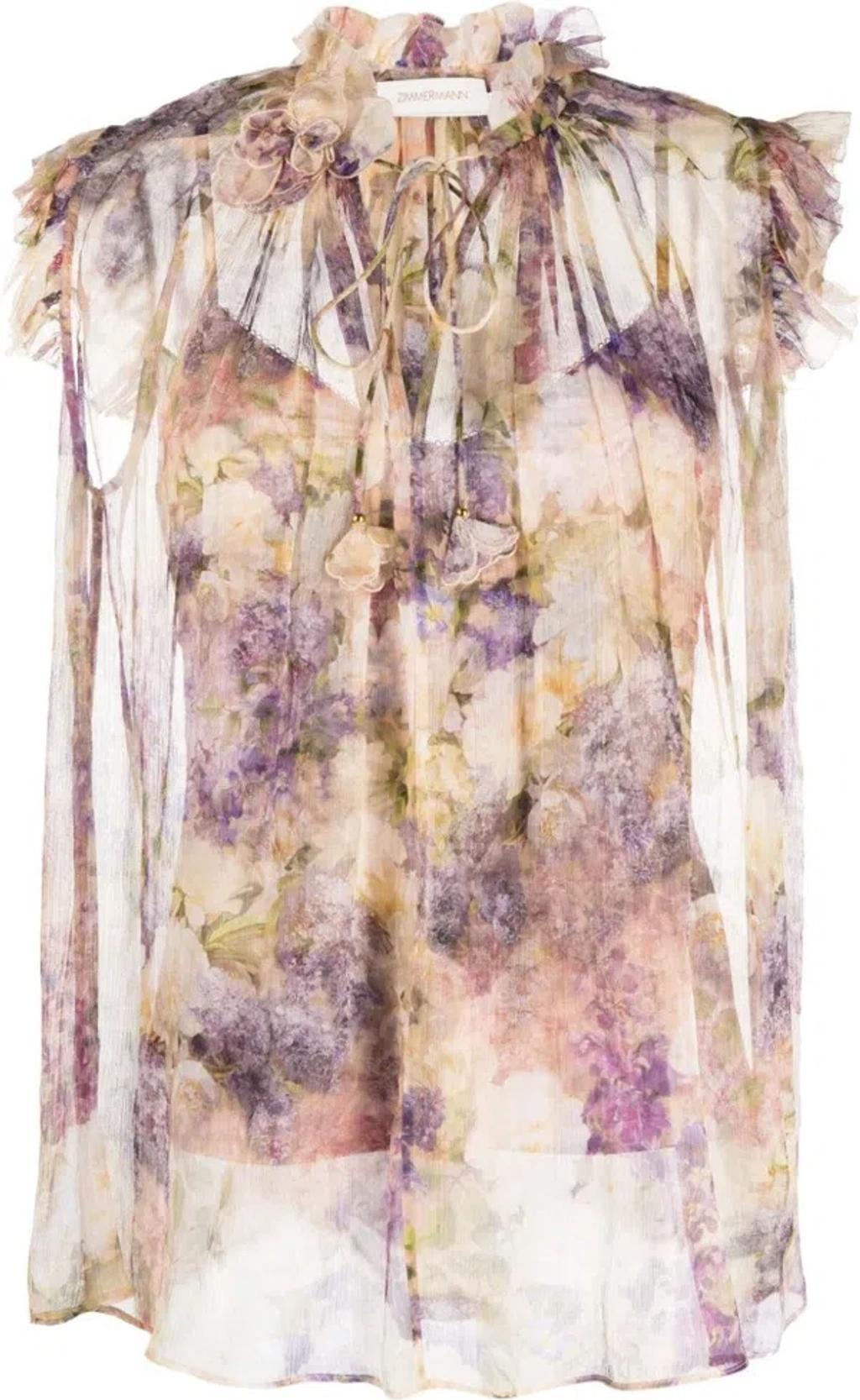 ZIMMERMANN Silk Floral Top Ruffled V-neck In Multicolor Product Image