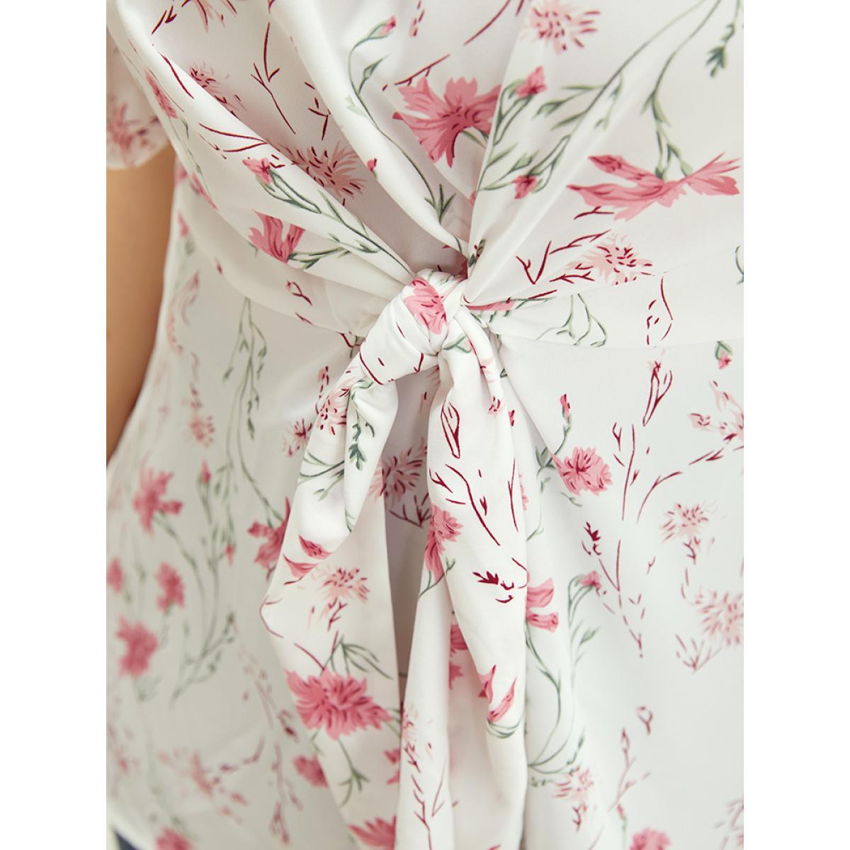Plus Size Ivory Floral Ruffle Knyhole Raglan Sleeve Knotted Front Blouse Women Elegant Short sleeve Round Neck Dailywear Blouses BloomChic 18-20/2X Product Image