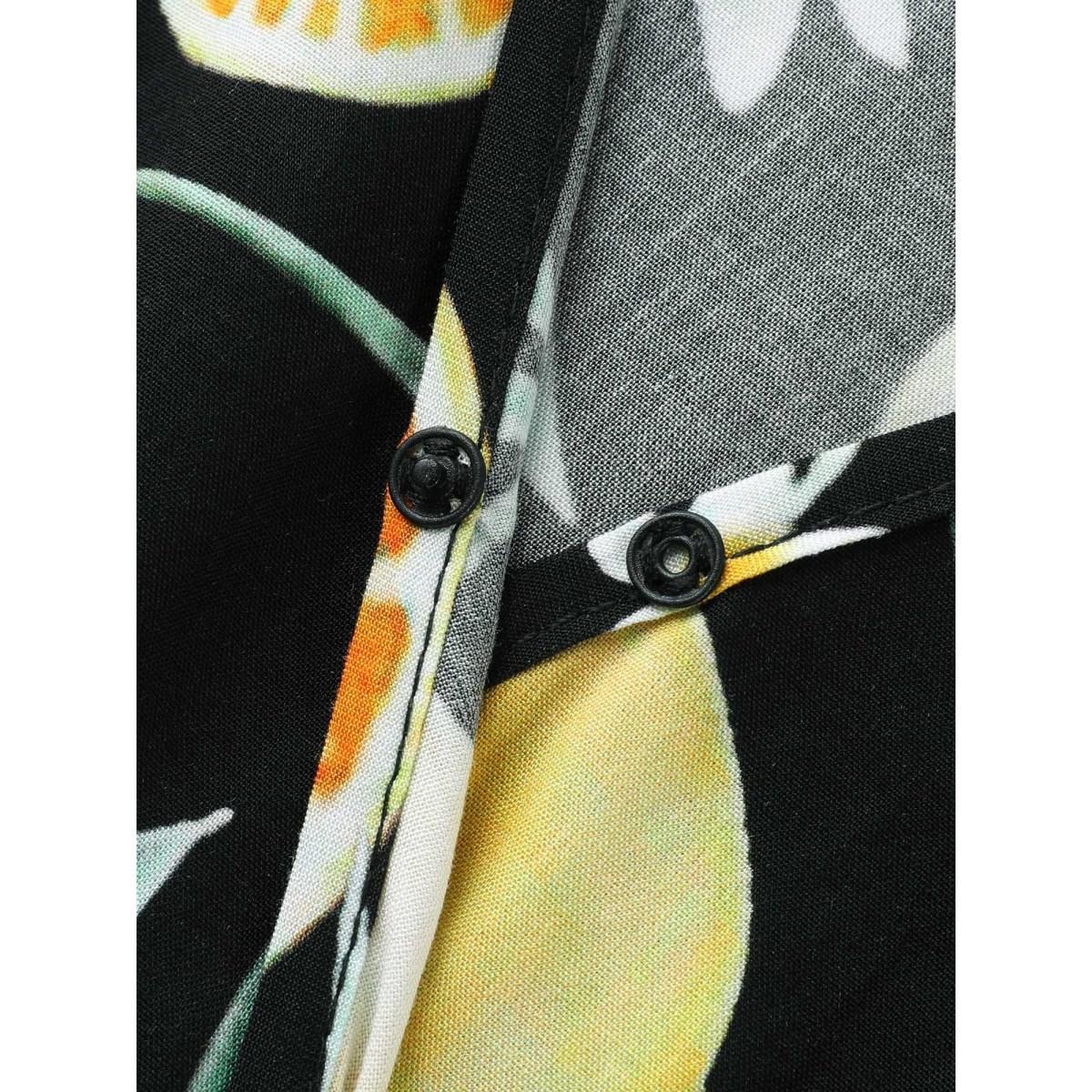 Plus Size Citrus Print Overlap Neck Shirred Midi Dress Black Women Overlap Collar Short sleeve Curvy BloomChic 10/M Product Image