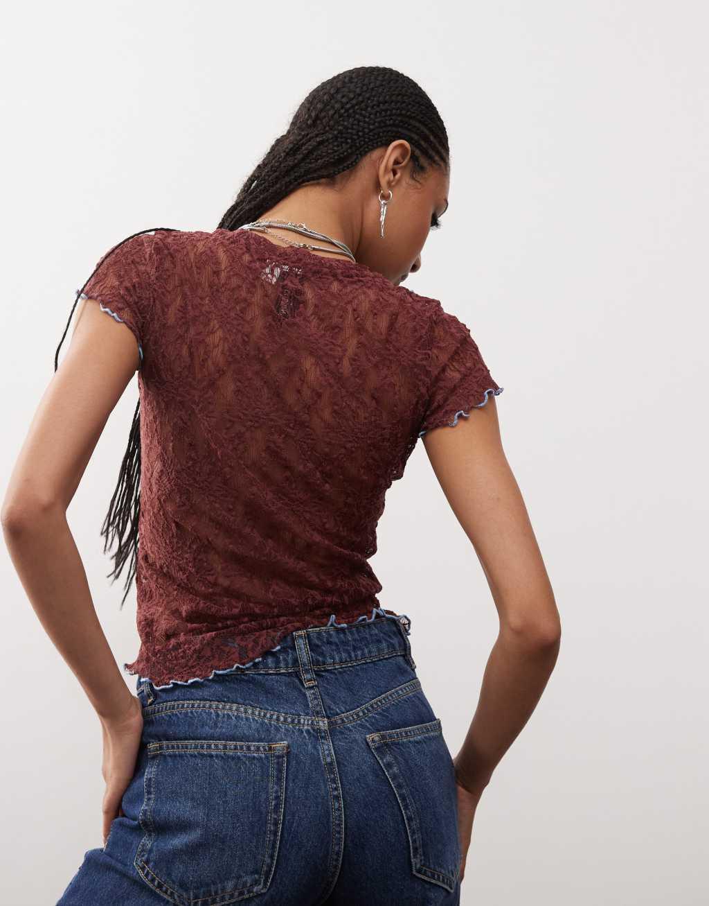 COLLUSION cap sleeve lace top in brown with contrast blue seam Product Image