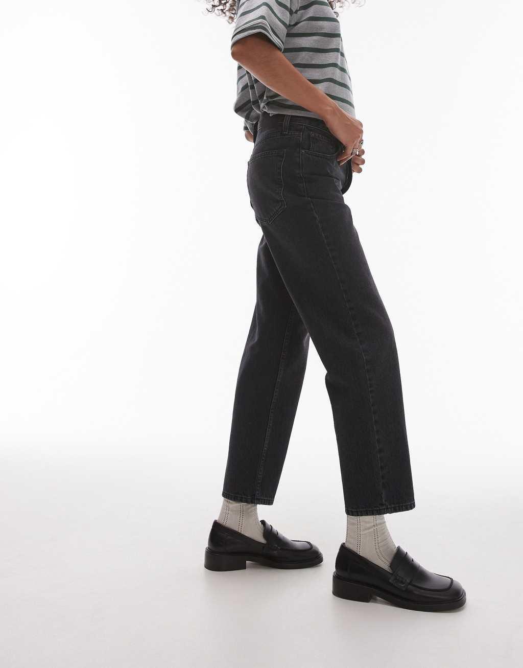 Topshop Runway cropped mid rise straight jeans in washed black Product Image