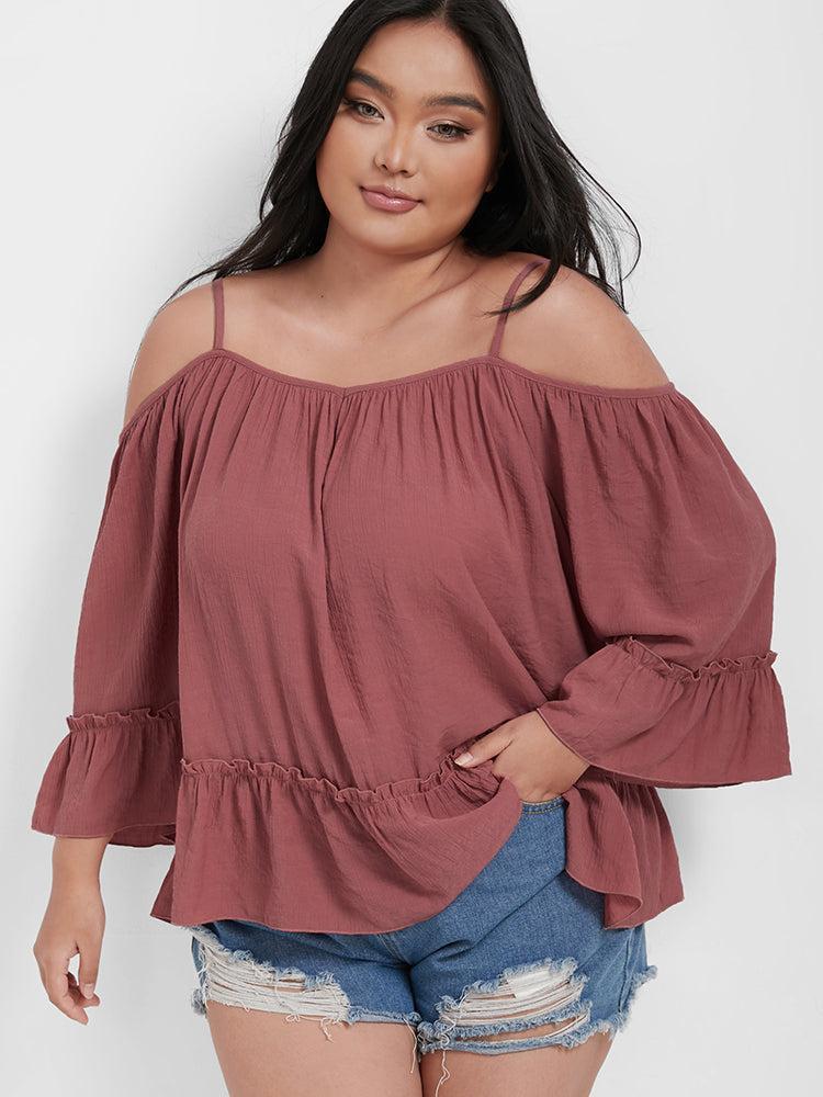 Plain Ruffles Cold Shoulder Frill Trim Blouse Female Product Image
