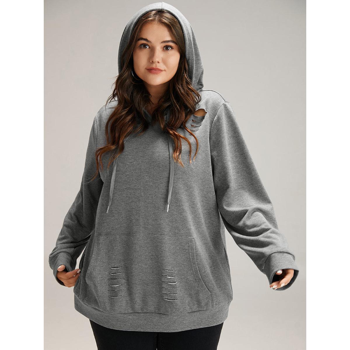 Plus Size Plain Distressed Hooded Drawstring Sweatshirt Women DimGray Casual Elastic cuffs Hooded Dailywear Sweatshirts BloomChic 22-24/3X Product Image