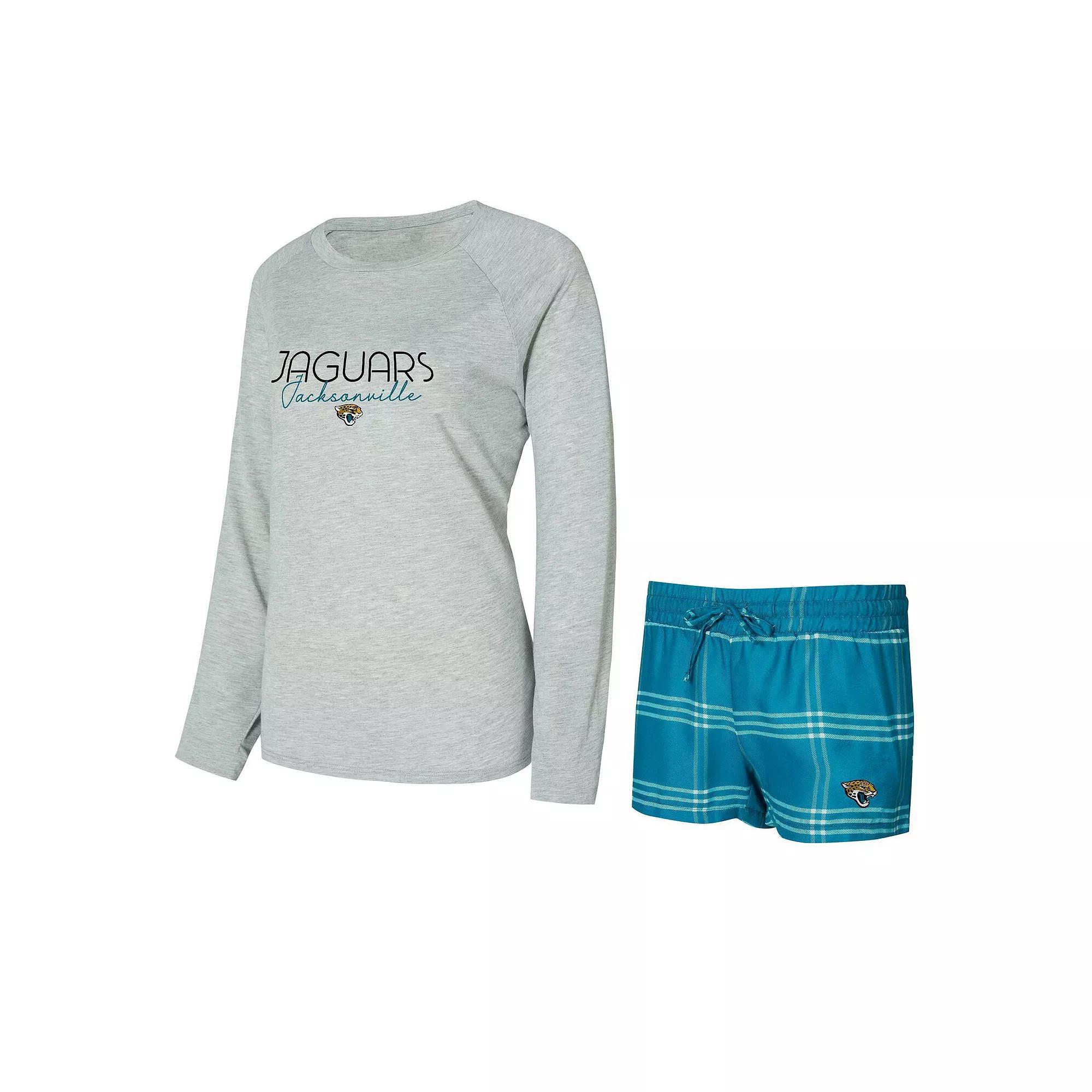 Women's Concepts Sport Teal/Gray Jacksonville Jaguars Petition Raglan Long Sleeve T-Shirt and Shorts Set, Size: Medium, Blue Product Image