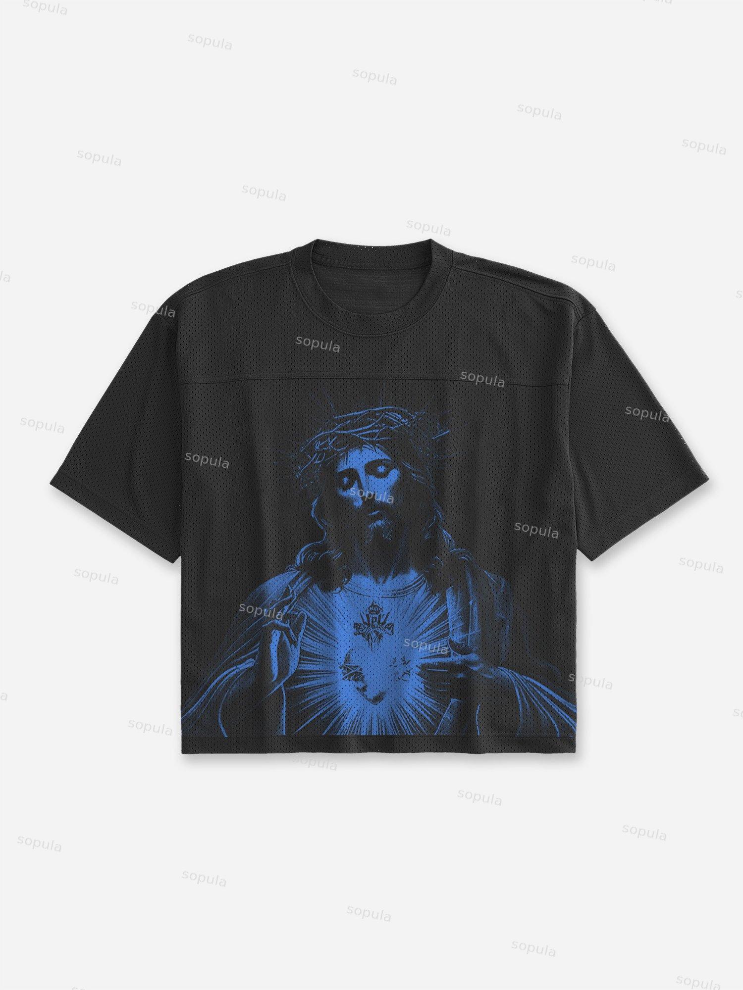 Vintage Jesus Graphic Blokecore Mesh Jerseys Cropped Tops Product Image