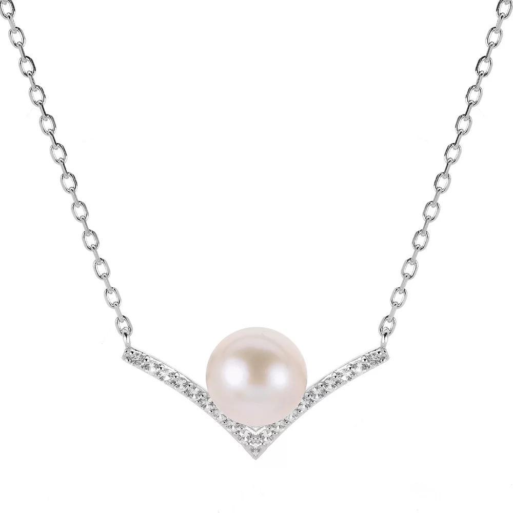 PearLustre by Imperial Sterling Silver Freshwater Cultured Pearl & Lab-Created White Sapphire V Necklace, Womens Product Image