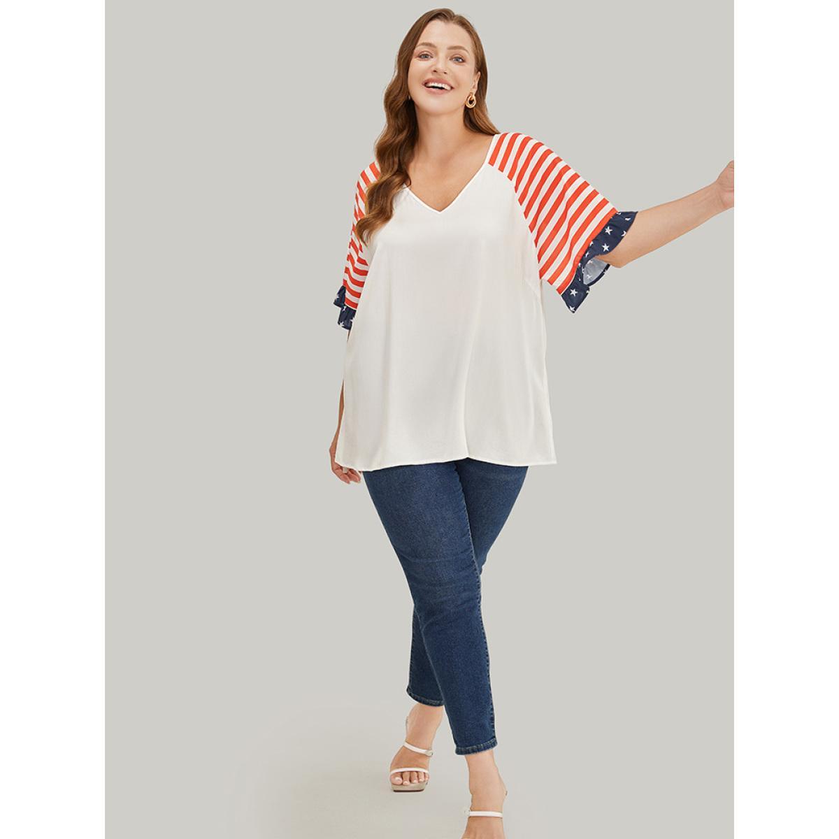 Plus Size White Star & Striped Print Raglan Sleeve Ruffle Trim Blouse Women Elegant Half Sleeve V-neck Dailywear Blouses BloomChic 10/M Product Image