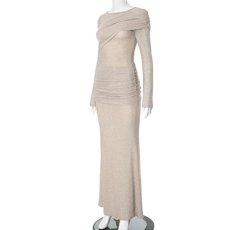 Long-Sleeve Boat Neck Ruched Glitter Maxi Sheath Dress Product Image