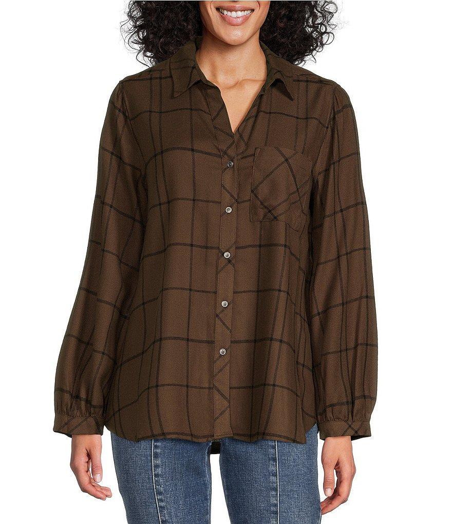 Westbound Simple Plaid Print Long Sleeve Y-Neck Button Front Collared Top Product Image