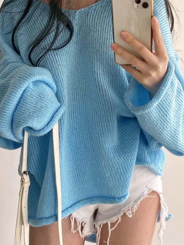 V Neck Rolled Hem Loose Sweater Product Image