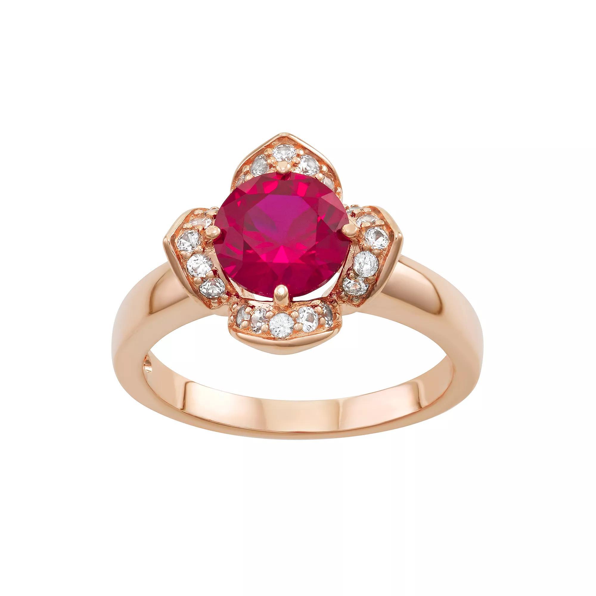 14k Rose Gold Over Sterling Silver Lab-Created Ruby & Lab-Created White Sapphire Flower Ring, Womens Pink Tone Product Image