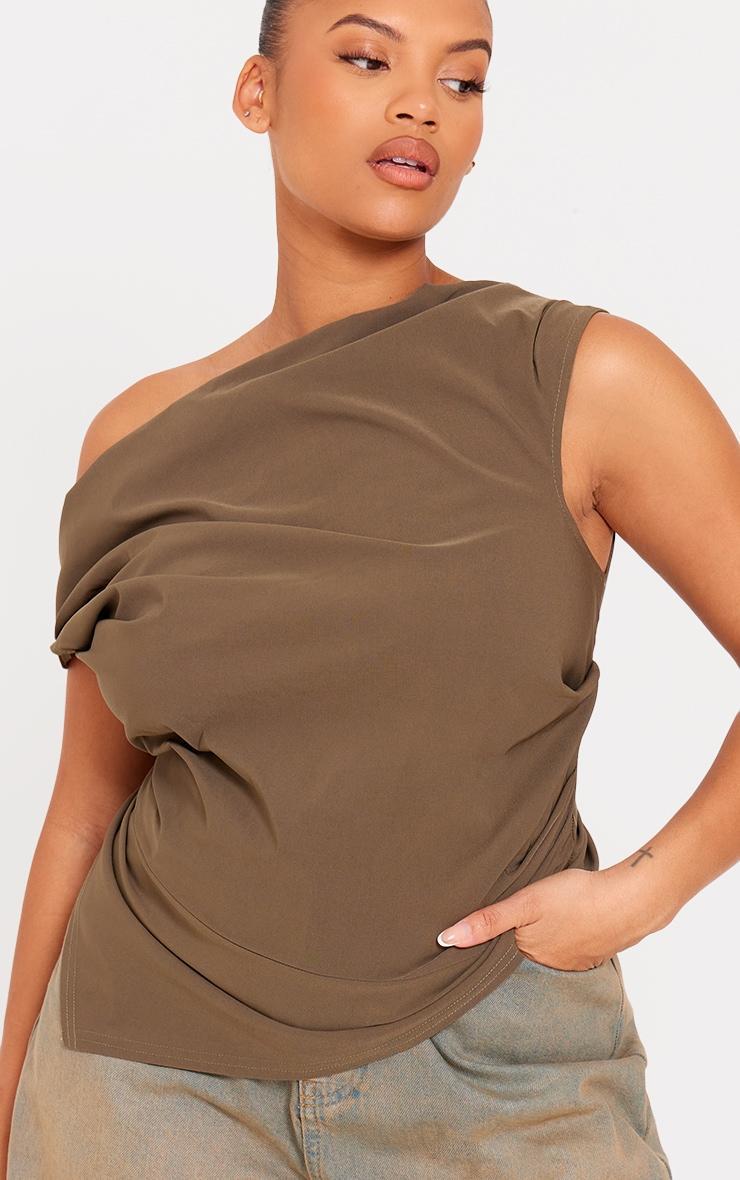 Plus Khaki Bengaline Ruched Asymmetric Long Top Product Image