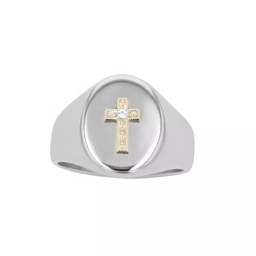 Kristen Kesho 14k Gold and Lab Created Sapphire Signet Cross on Stainless Steel Ring, Mens White Product Image