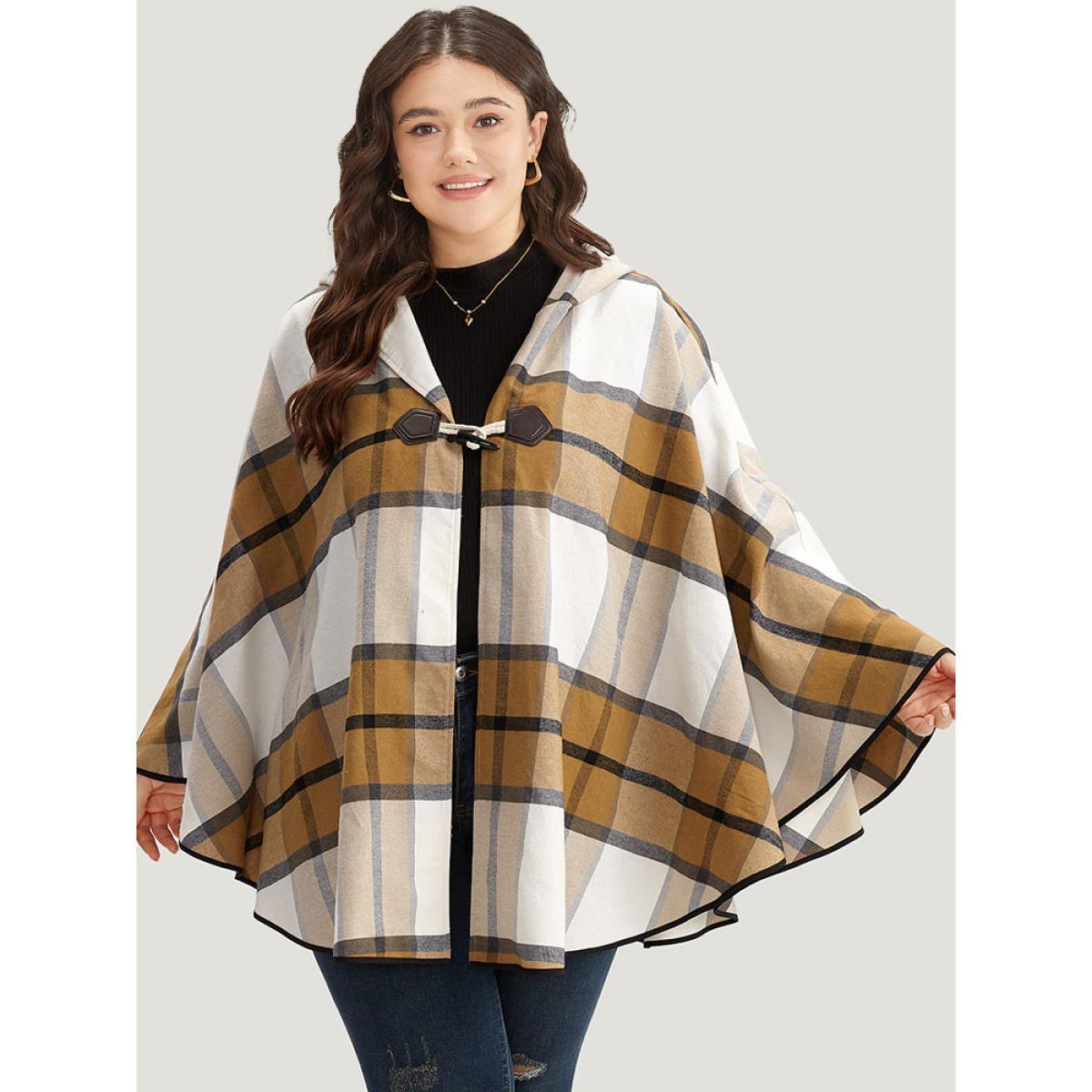 Plus Size Plaid Duffle Button Hooded Cape Coat Women Bronze Casual Button Loose Ladies Dailywear Winter Coats BloomChic 22-24/3X Product Image