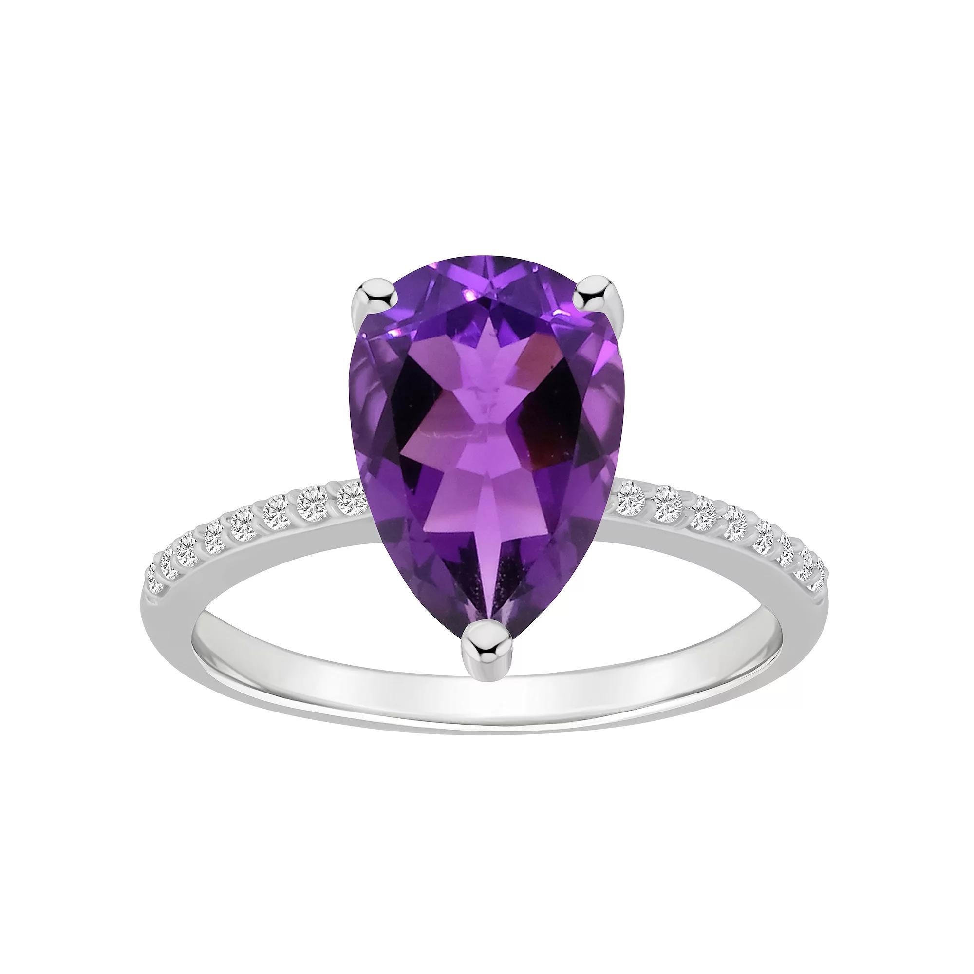 Alyson Layne 14k White Gold Pear Shape Amethyst & 1/10 Carat T.W. Diamond Ring, Women's, Size: 9 Product Image