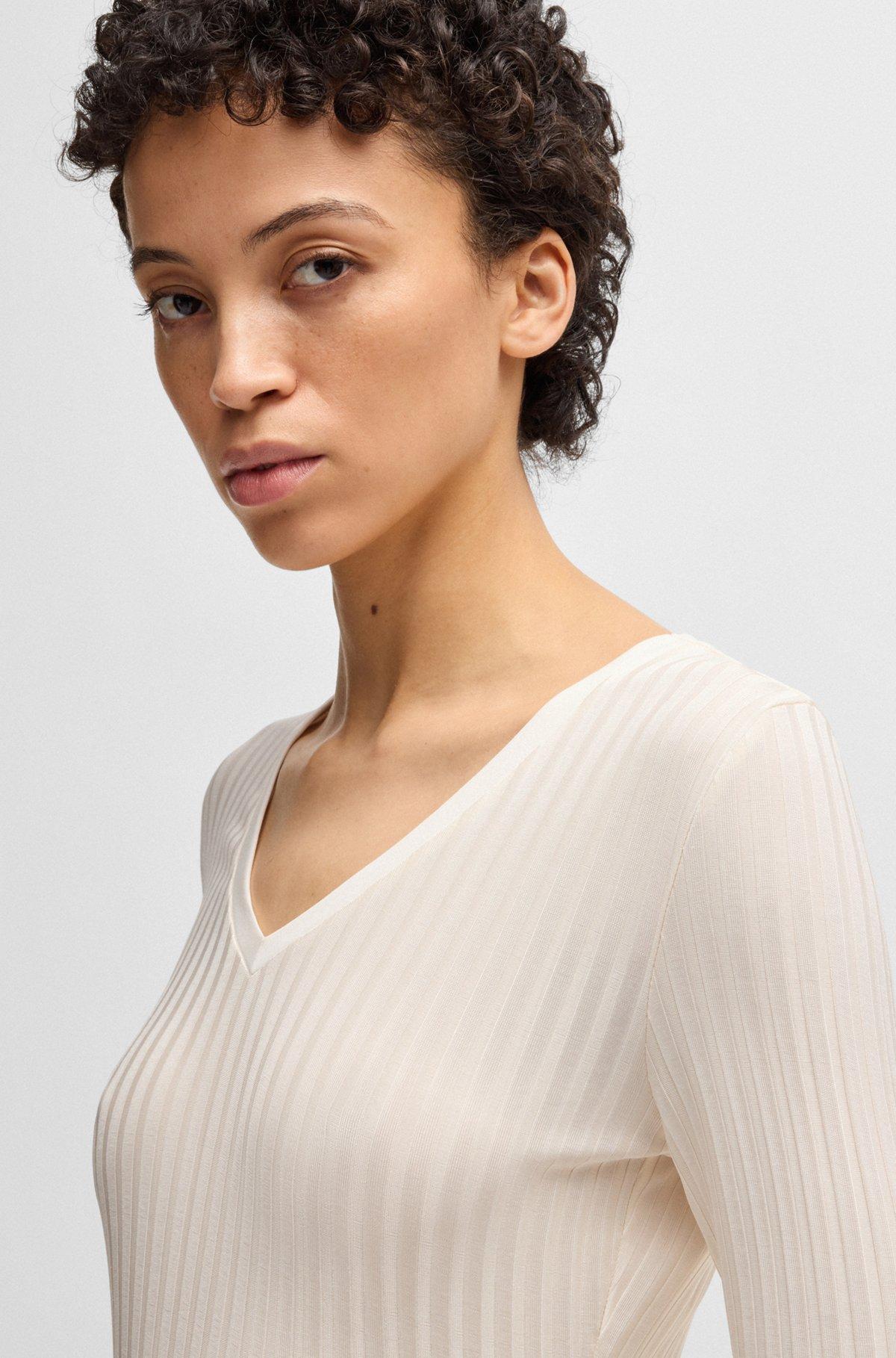 BOSS - Long-sleeved V-neck top in lustrous ribbed jersey - White Product Image