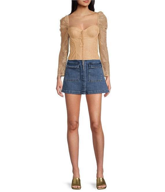 Chelsea & Violet Laura Woven Lace Sweetheart Neck Tie Front Long Sleeve Fitted Blouse Product Image