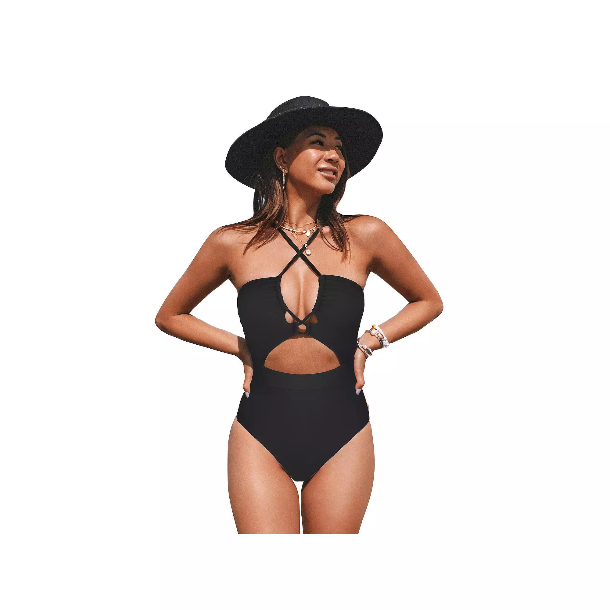 Women's Cupshe Plunging Cutout Criss Cross One-Piece Swimsuit, Size: XL, Black Product Image