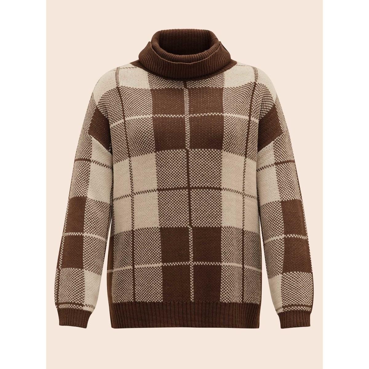 Plus Size Plaid Turtleneck Drop Shoulder Pullover Browncoffeecolor Women Casual Loose Long Sleeve Turtleneck Everyday Pullovers BloomChic 18-20/2X Product Image