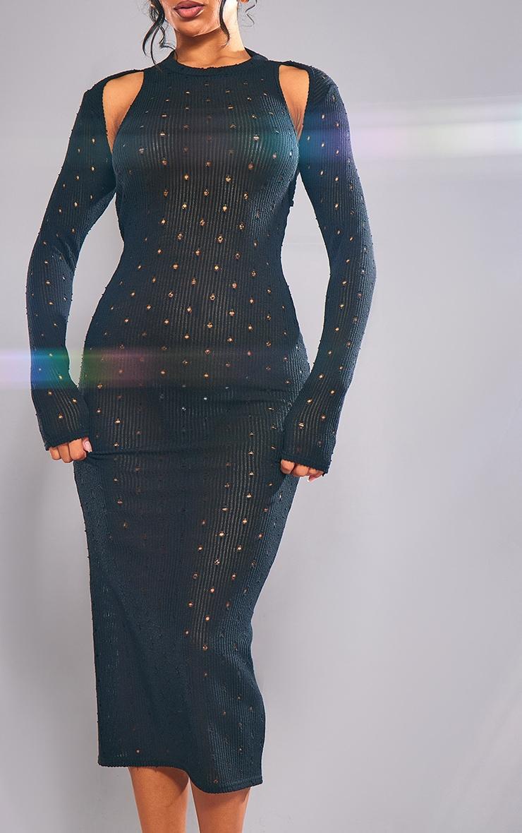 Black Ribbed Long Sleeve Cut Out Midi Dress Product Image