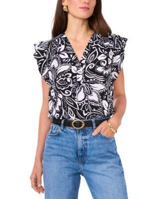 Vince Camuto Womens Floral V-Neck Flutter-Sleeve Top Product Image