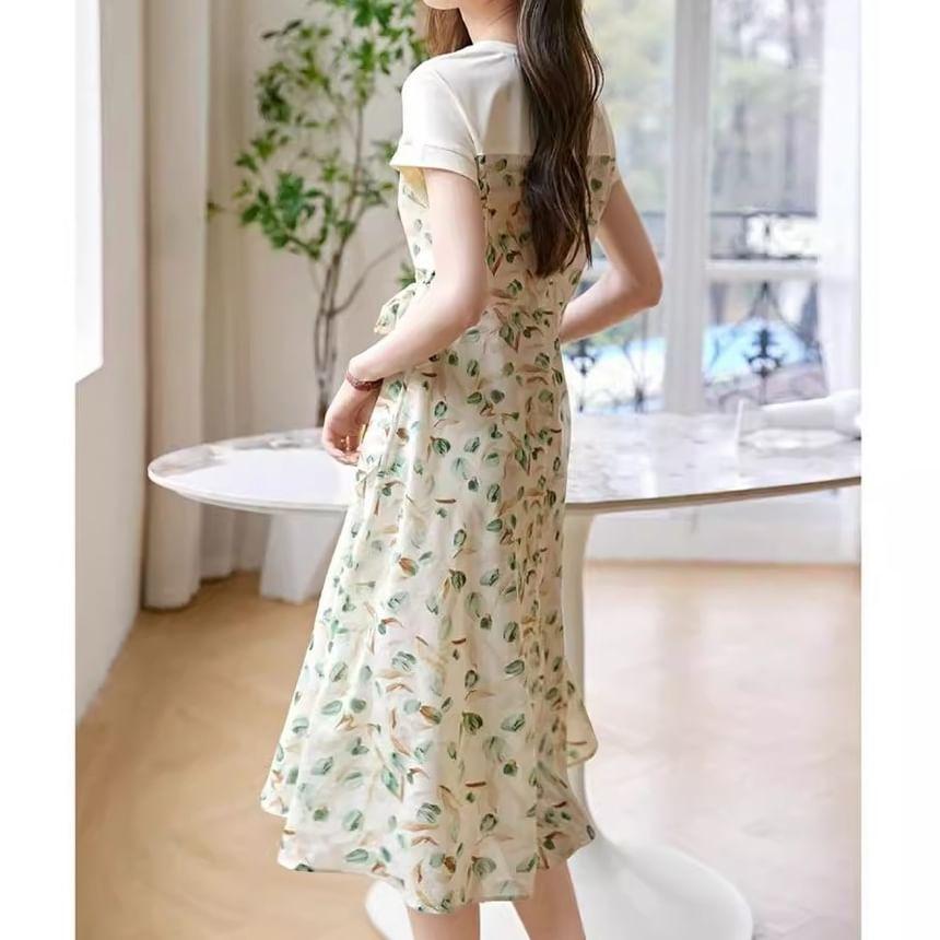 Short-Sleeve Crew Neck Mock Two-Piece Floral Print Panel Tie Side Midi A-Line Dress Product Image