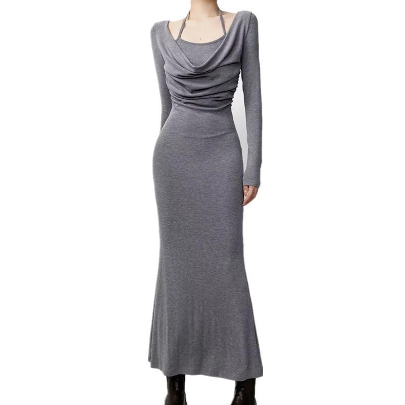 Mock Two-Piece Long-Sleeve Halter Cowl Neck Plain Midi Sheath Dress Product Image