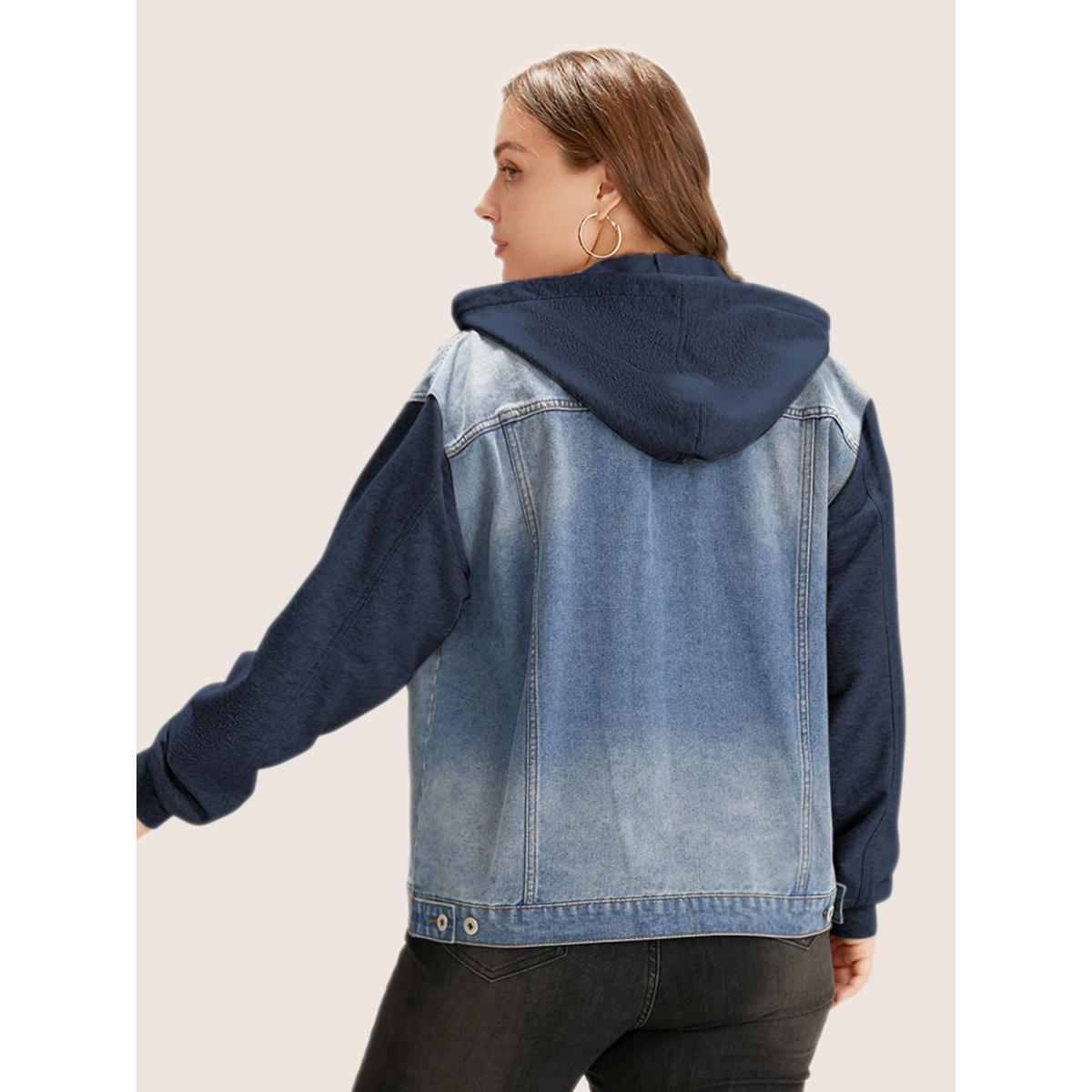 Women Hooded Patchwork Flap Pocket Denim Jacket Indigo Plus Size Plain Contrast Everyday Slanted pocket Casual Denim Jackets BloomChic 26/4X Product Image