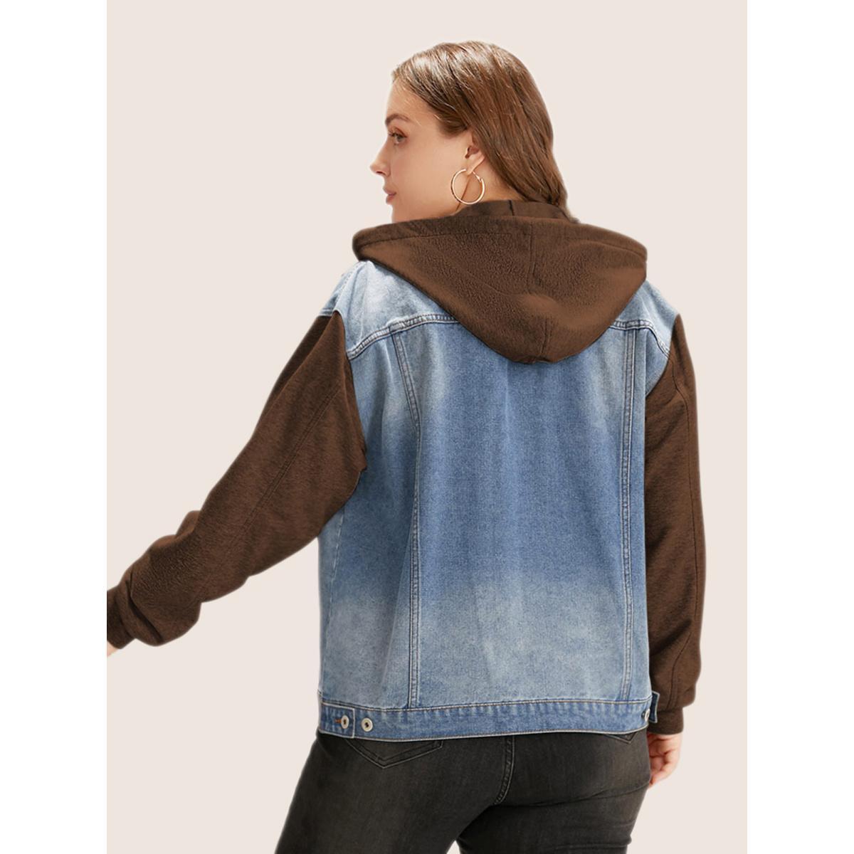 Women Hooded Patchwork Flap Pocket Denim Jacket DarkBrown Plus Size Plain Contrast Everyday Slanted pocket Casual Denim Jackets BloomChic 12/L Product Image