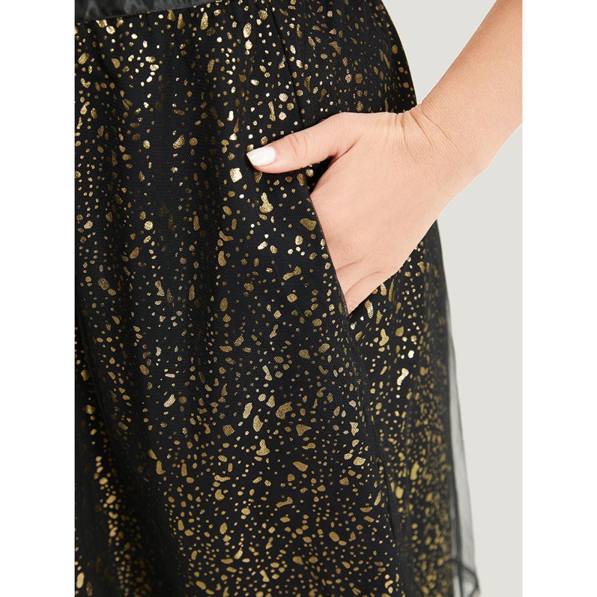 Plus Size Leopard Glitter Pocket Mesh Ribbon Tank Dress Black Women Party Ribbon V-neck Sleeveless Curvy Knee Dress BloomChic 10/M Product Image