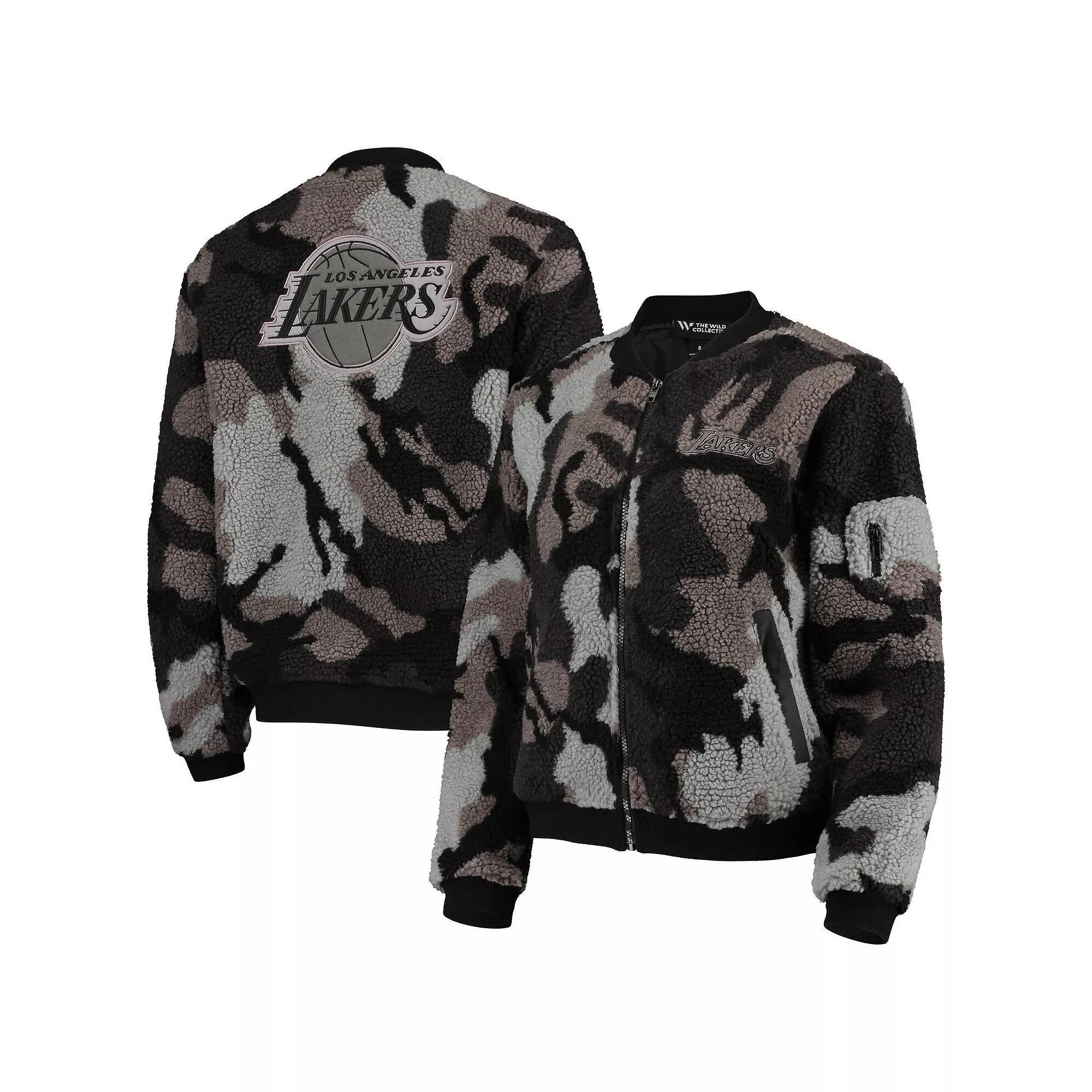 Women's The Wild Collective Black Los Angeles Lakers Camo Sherpa Full-Zip Bomber Jacket, Size: Small Product Image