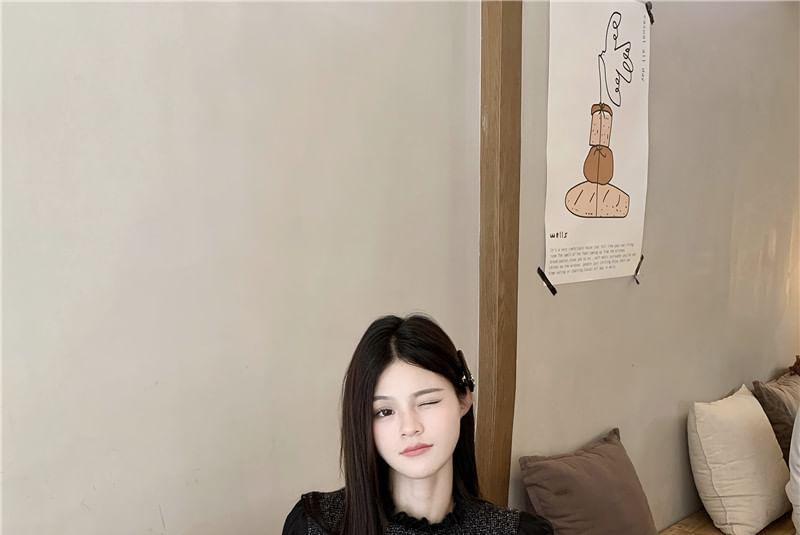 Puff-Sleeve Plain Lace Trim Blouse / Bow Embroidered Mini Jumper Dress Product Image