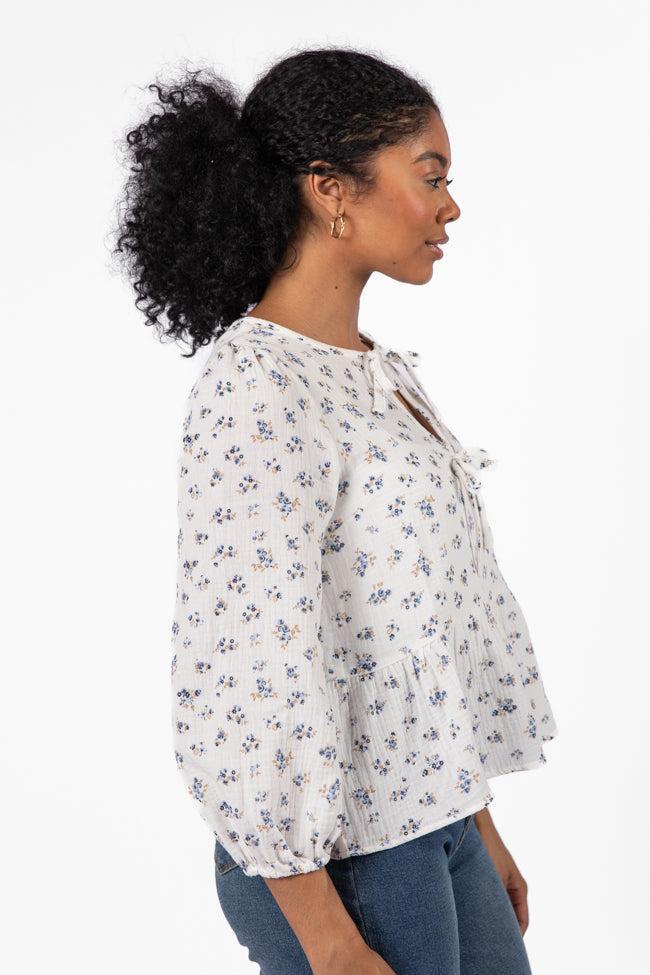 Close To Me Ivory and Blue Bow Detail Floral Blouse FINAL SALE Product Image