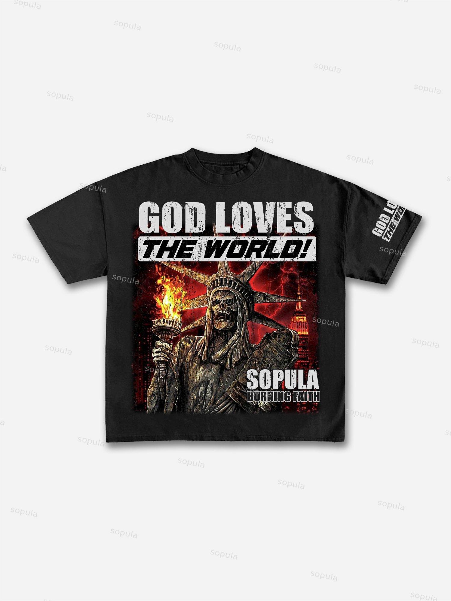God Loves The World Burning Skull Statue Of Liberty Vintage Graphic Cotton T-shirt Product Image