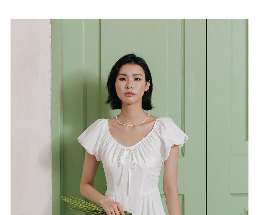 Short-Sleeve V-Neck Plain Midi A-Line Dress Product Image