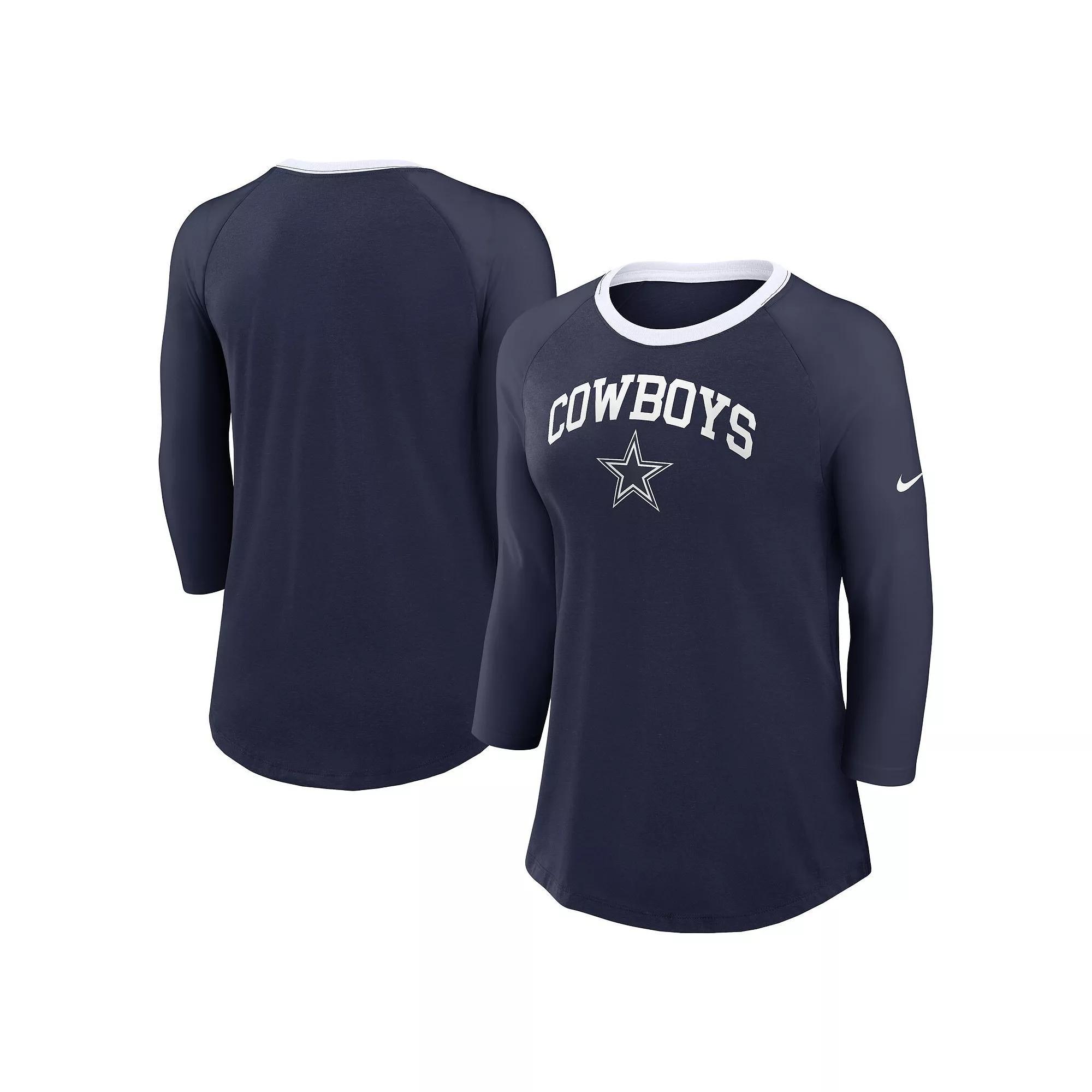 Women's Nike Navy Dallas Cowboys Raglan 3/4 Sleeve T-Shirt, Size: 2XL, Blue Product Image