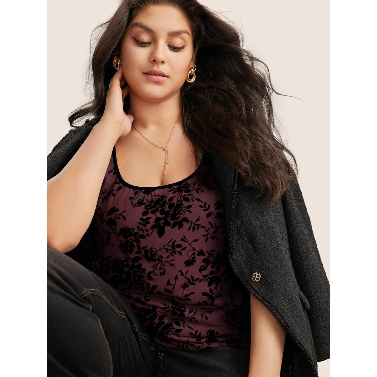 Plus Size Silhouette Floral Print Flocking Square Neck Tank Top Women Burgundy Elegant Texture Square Neck Everyday Tank Tops Camis BloomChic 28/5X Product Image
