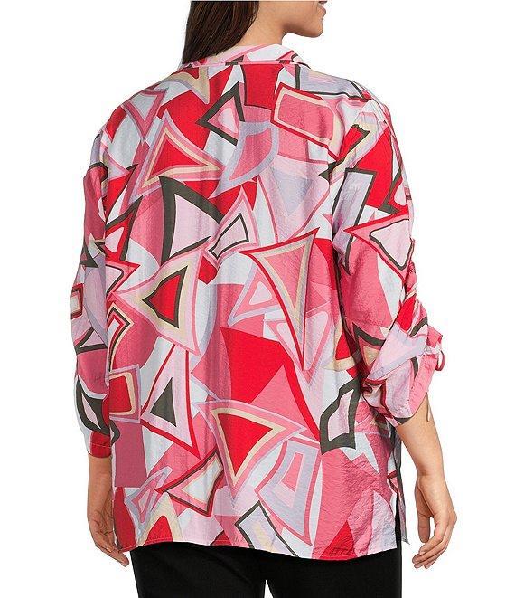 Ali Miles Plus Size Abstract Print Wire Collar 3/4 Cinch Tie Sleeve Tunic Product Image