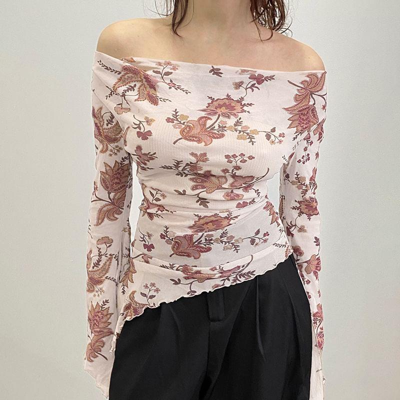 Bell Sleeve Off-Shoulder Floral Print Mesh Slim-Fit Crop Top Product Image