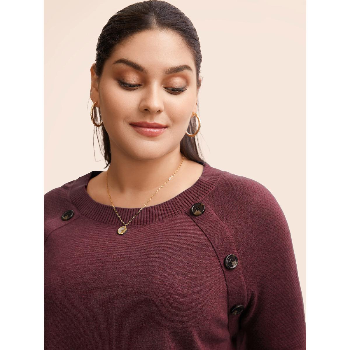 Plus Size Supersoft Essentials Button Detail Raglan Sleeve Pullover Scarlet Women Casual Long Sleeve Round Neck Dailywear Pullovers BloomChic 26/4X Product Image