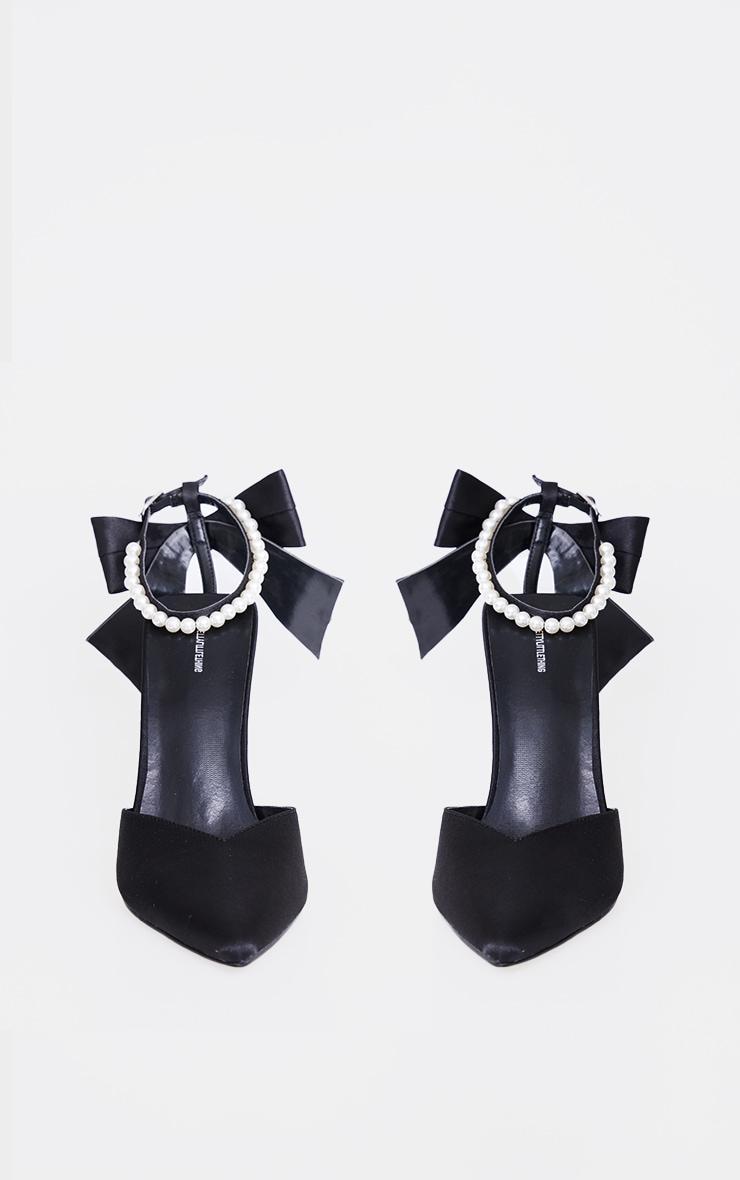 Black Satin Point Toe Pearl Strap Bow High Stiletto Court Heels Product Image