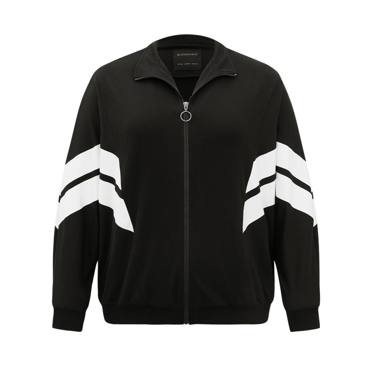 Plus Size Striped Geometric Mock Neck Zipper Jacket Women Black Contrast Everyday Jackets BloomChic 22-24/3X Product Image