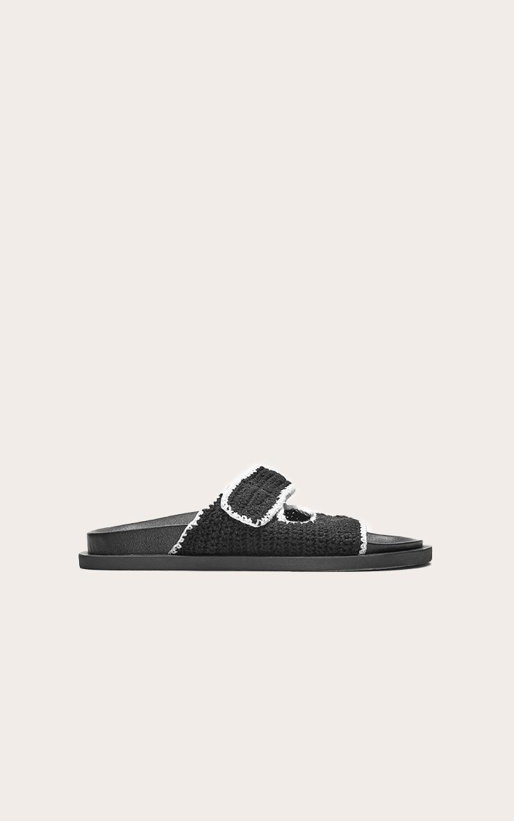 Black Contrast Round Toe Crochet Velcro Strap Flat Footbed Sandals Product Image