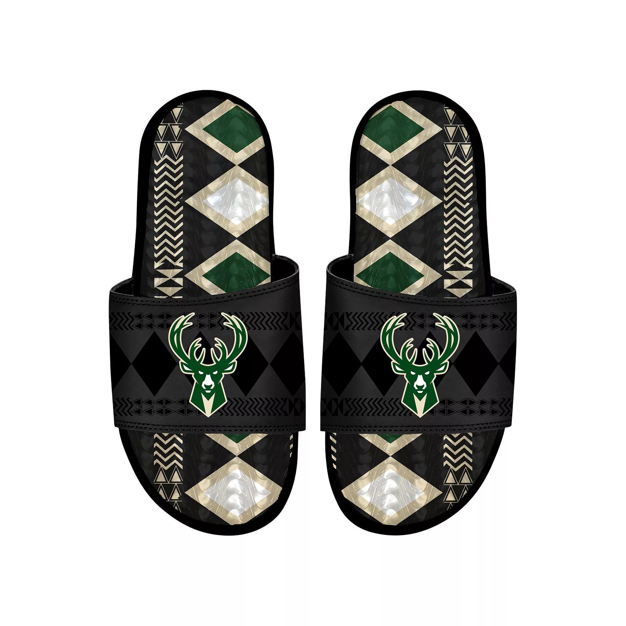 Mens ISlide Milwaukee Bucks Shooting Touch Rwanda Pattern Gel Slide Sandals Product Image